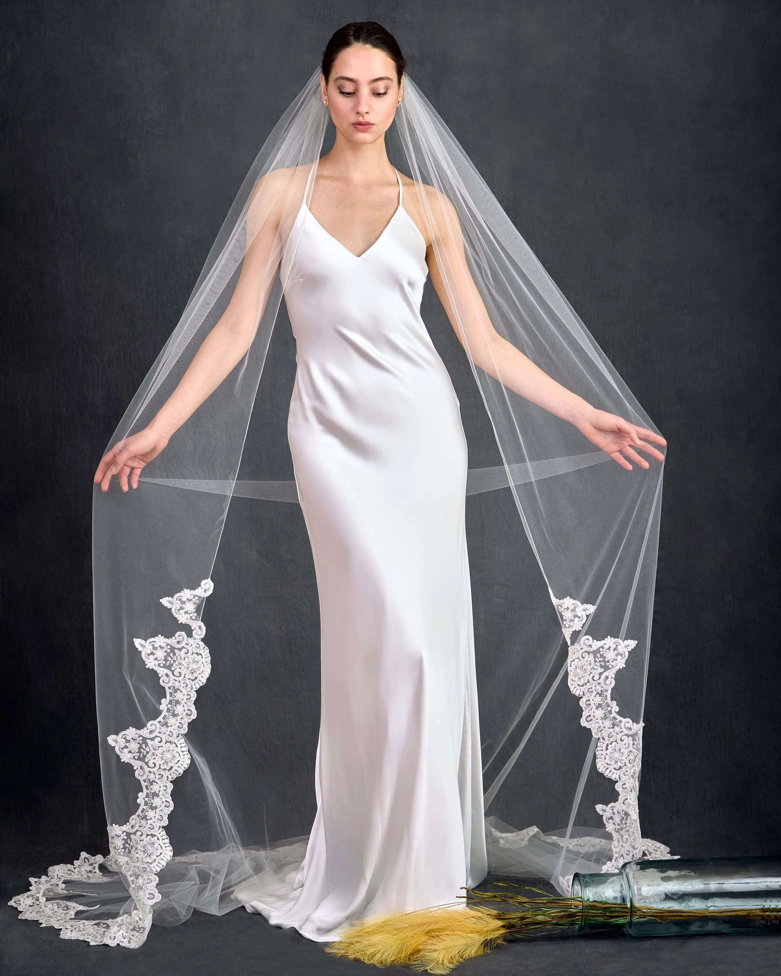 White Tulle One-tier Cathedral Length Bridal Veil with Lace Trim